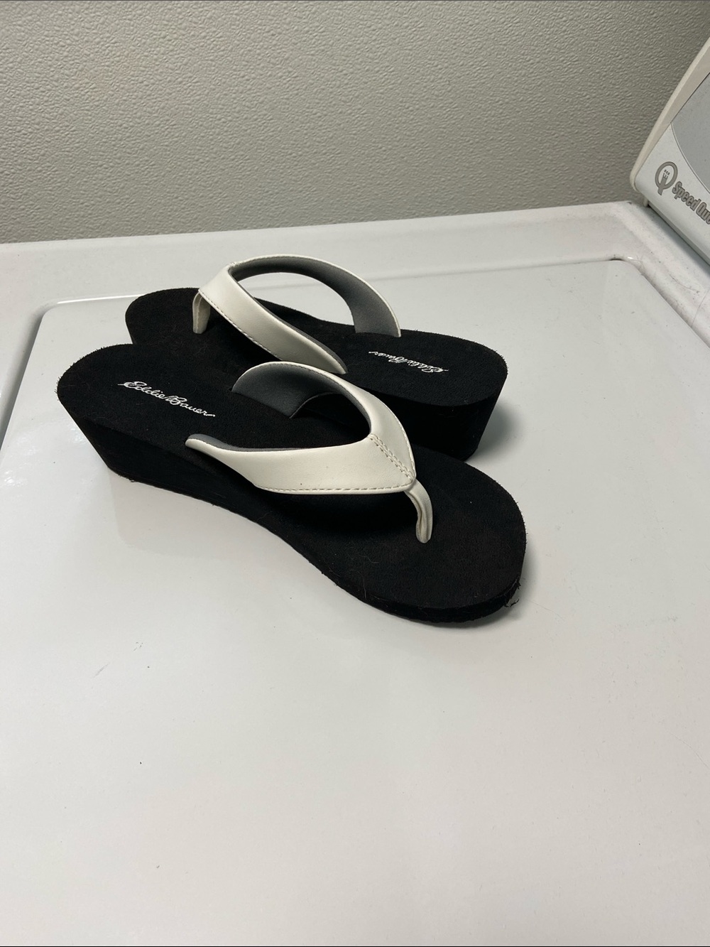 Eddie Bauer Black Wedge Flip Flops with White Straps